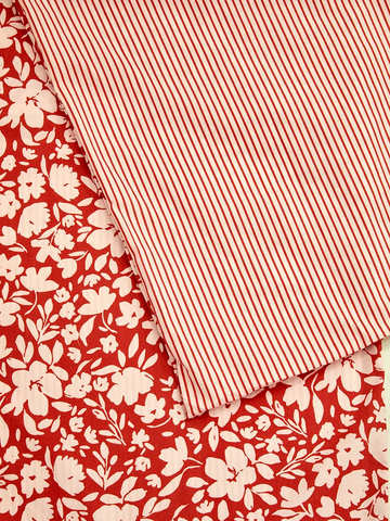 Reversible Double Bed Duvet Cover Red Floral & Stripes
