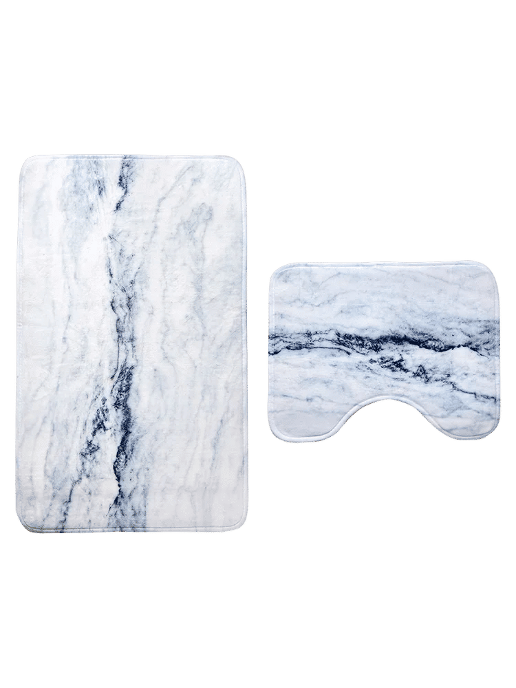 2 Piece Blue White Marble Foam Bath Mat Set