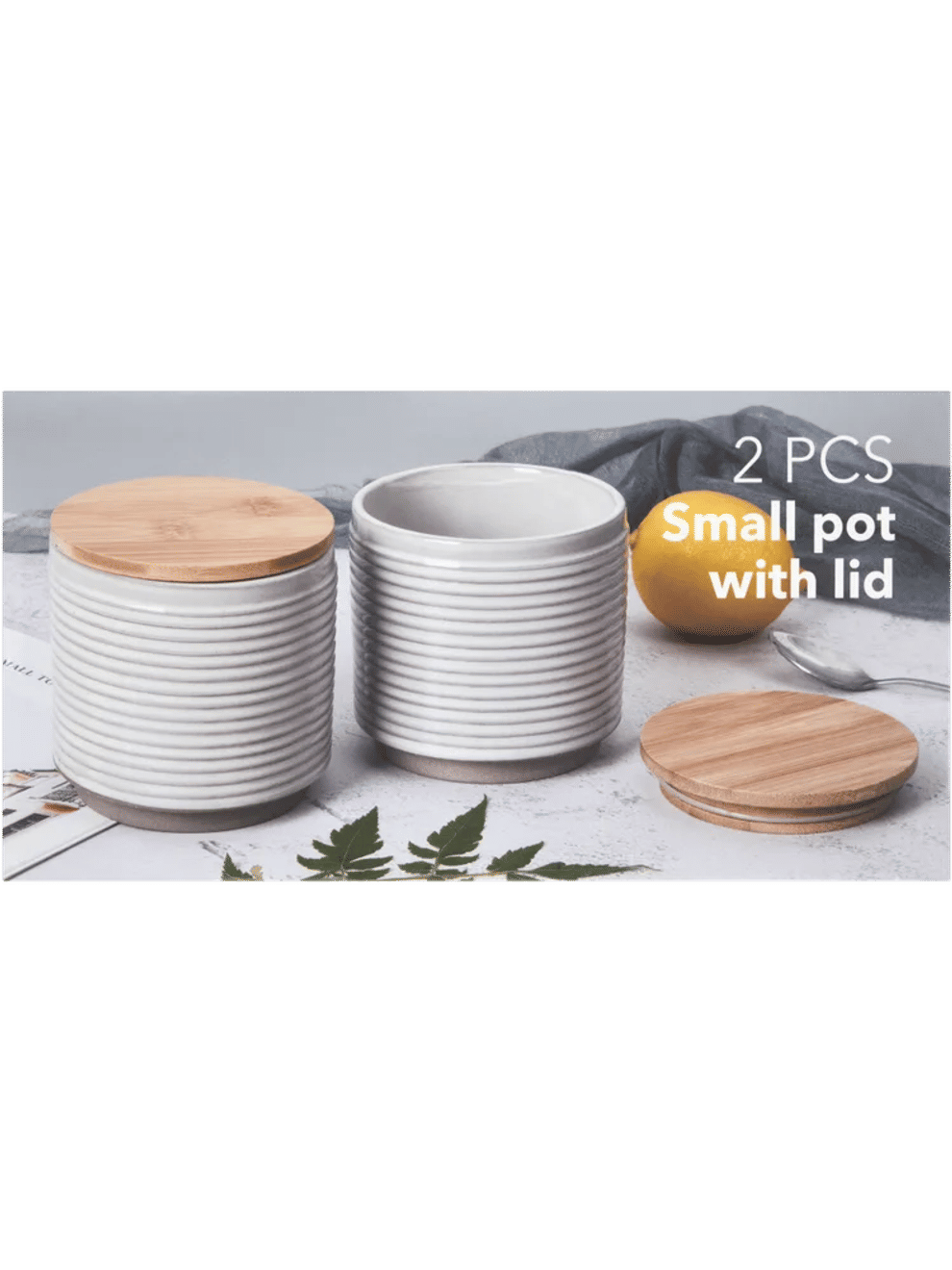 2 Piece Textured Ribbed Ceramic Canister With Bamboo Lid 10X9Cm (2)