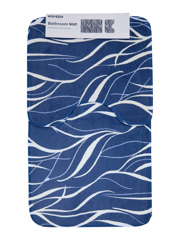 2 Piece Blue Wavy Pattern Foam Bath Mat Set