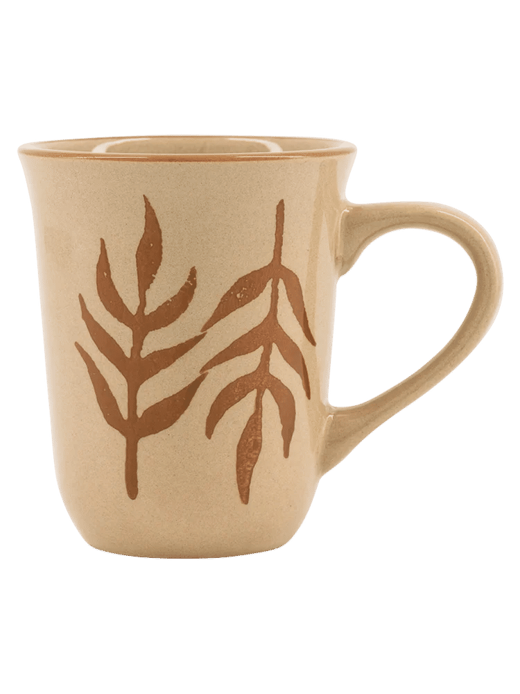 Beige Ceramic Mug with Leaf and Stripe Design (1)