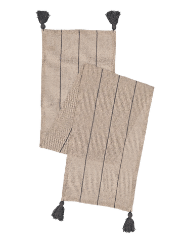 Beige Striped Woven Table Runner with Tassels