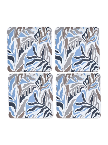 4-Piece Blue Leaf Pattern Coaster Set
