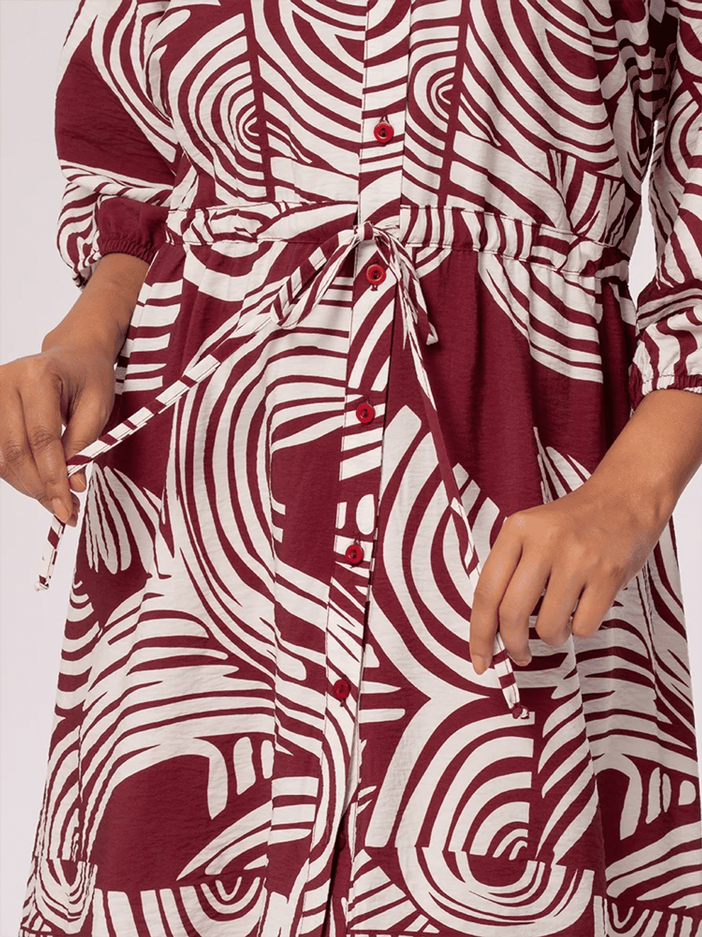 Patterned Midi Shirt Dress With Tie Waist (2)
