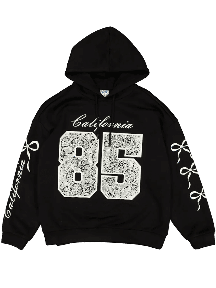 Black Graphic Hoodie With Bow Detail