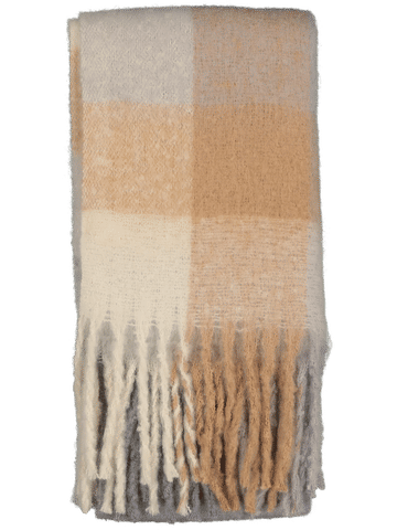 Warm Plaid Fringed Scarf In Neutral Tones