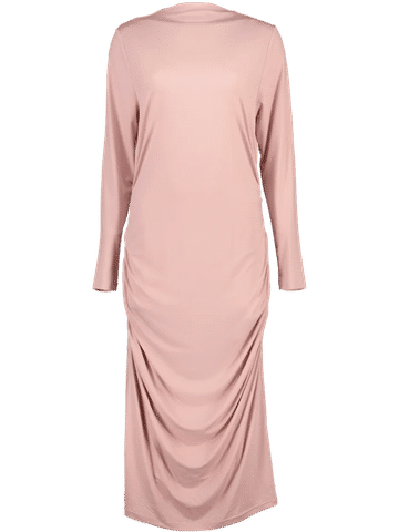 Pink Long Sleeve Ruched Midi Dress