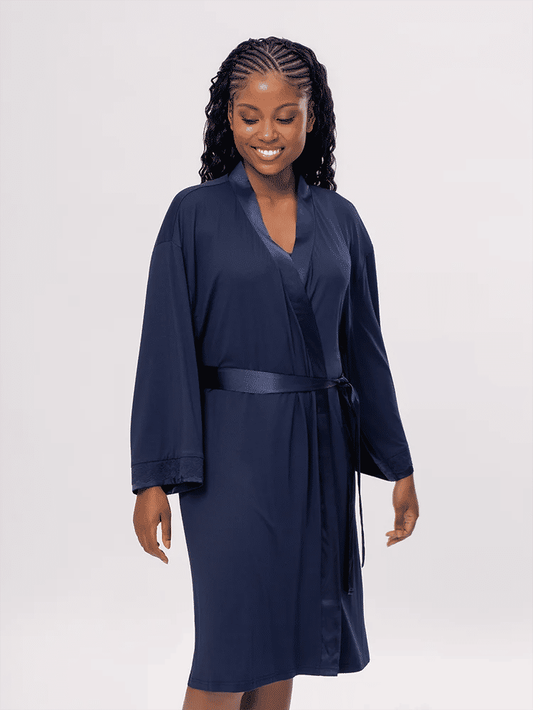 Navy Satin Trim Dressing Gown