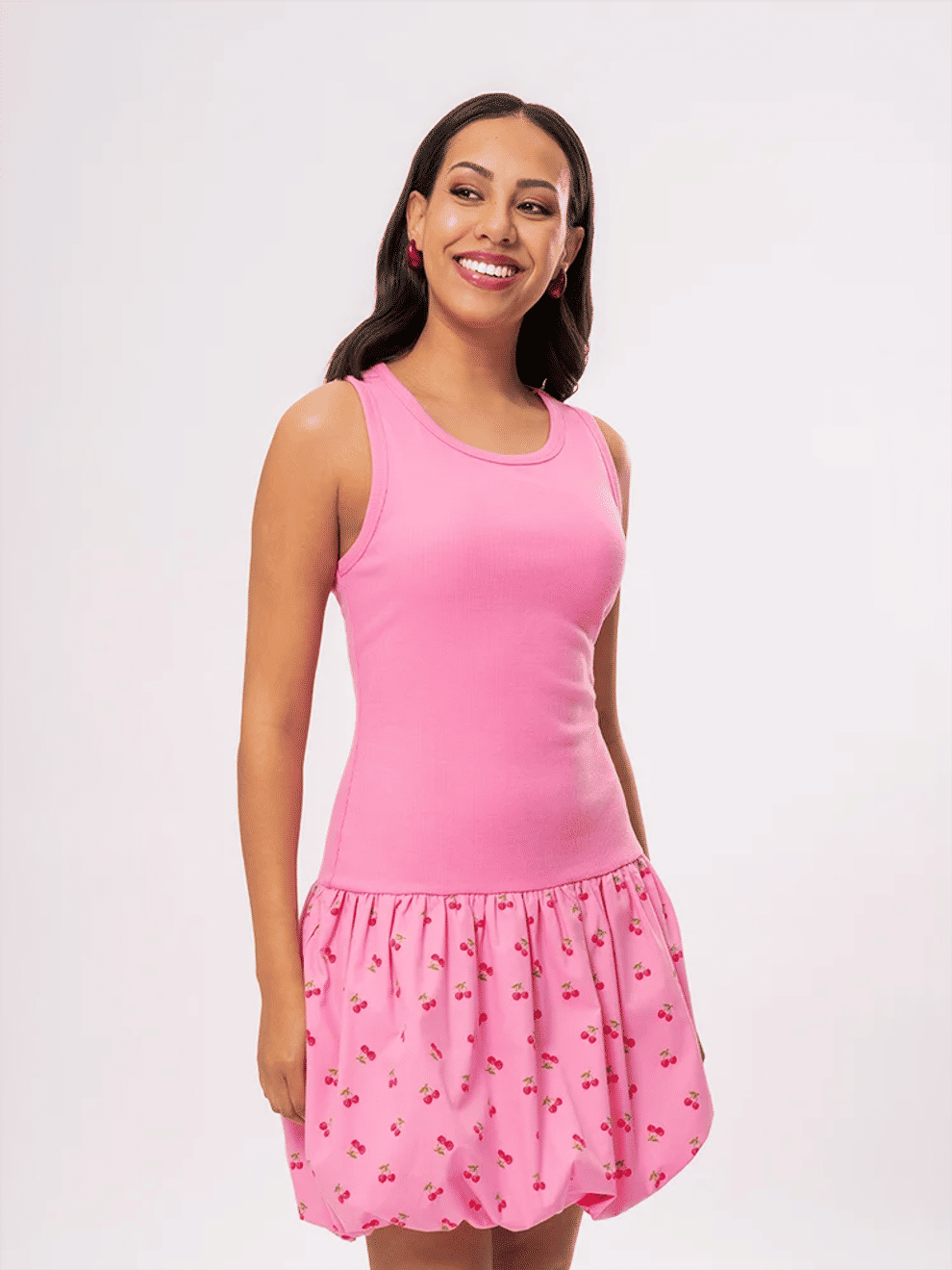 Edge Pink Ribbed Cherry Print Dress