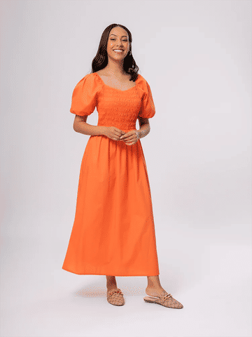 Orange Smocked Midi Dress