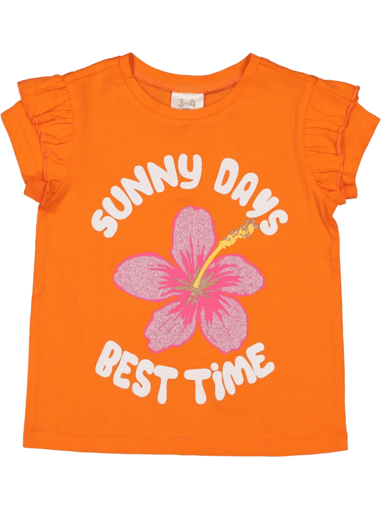 Orange Ruffle Sleeve Cotton T-Shirt