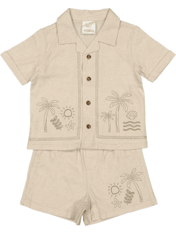 Beige Tropical Embroidered Shirt Short Set