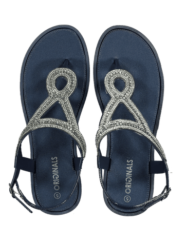 Navy Embellished T-Strap Sandals