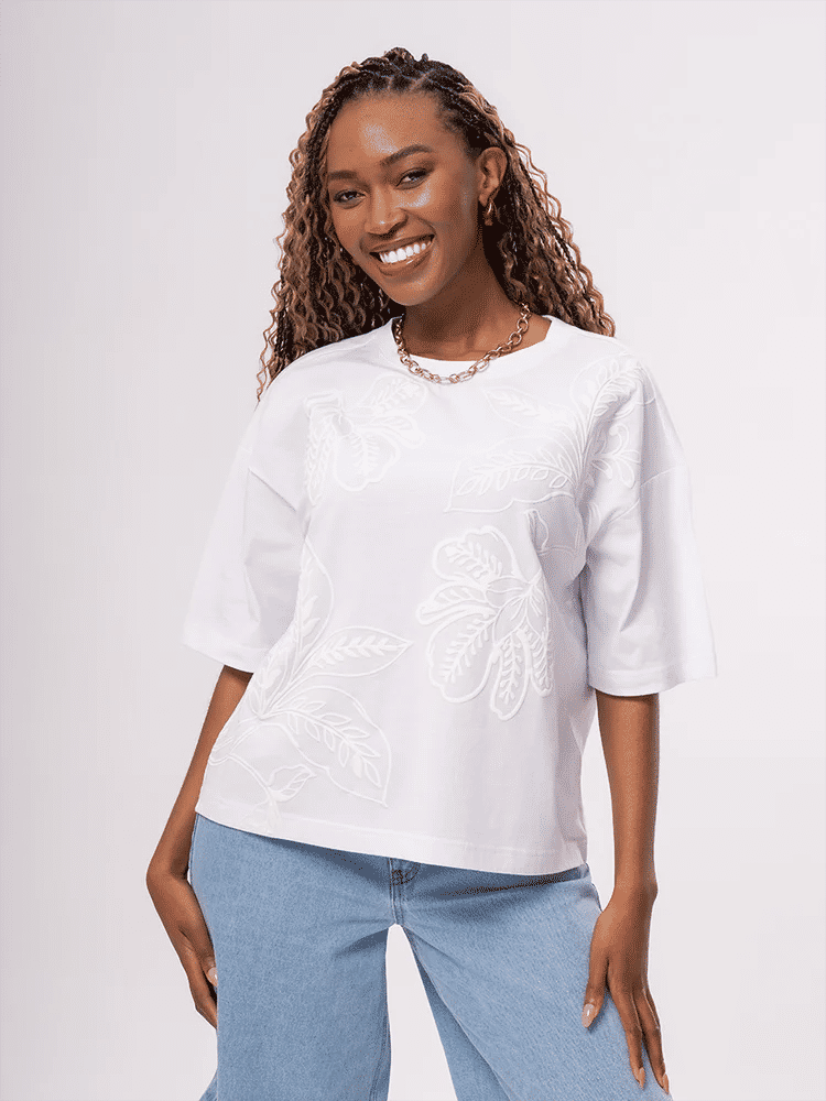 White Floral Print Cotton T-Shirt