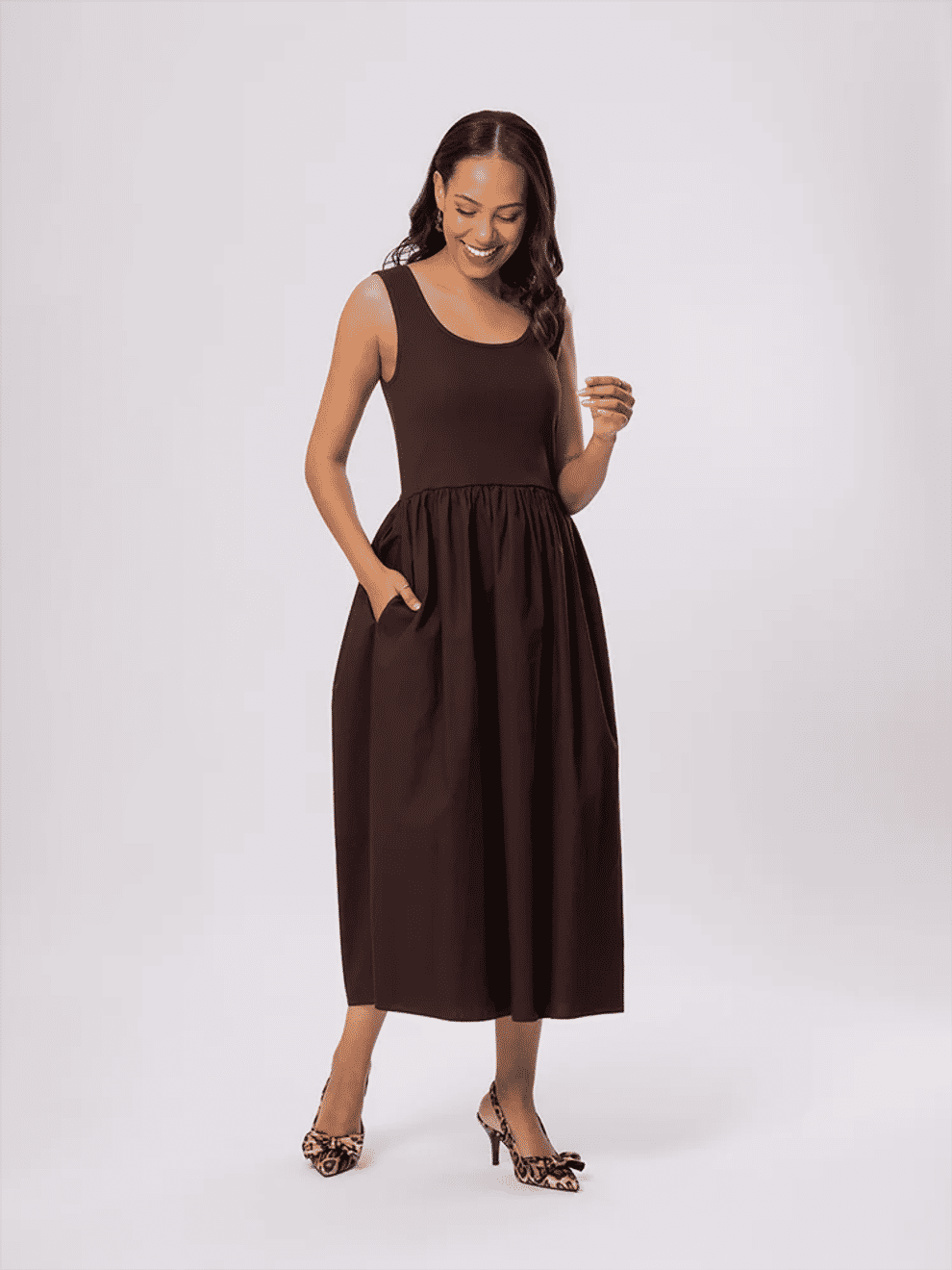 Sleeveless Brown Midi Dress