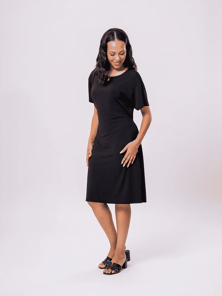Black Short Sleeve Midi Dress