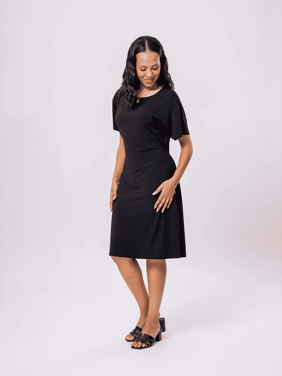 Black Short Sleeve Midi Dress
