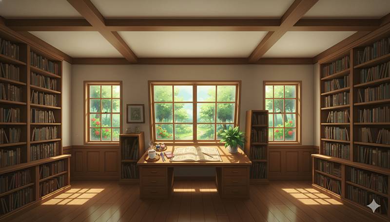 Cozy Anime Library Study – Summer Garden Window View | AniWall