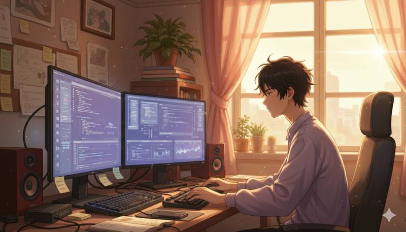 Anime Programmer Sunset Golden Hour Coding Aesthetic | AniWall