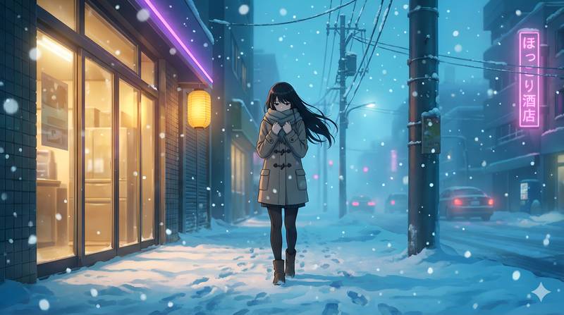 Winter Solitude Anime Girl on a Snowy City Street | AniWall