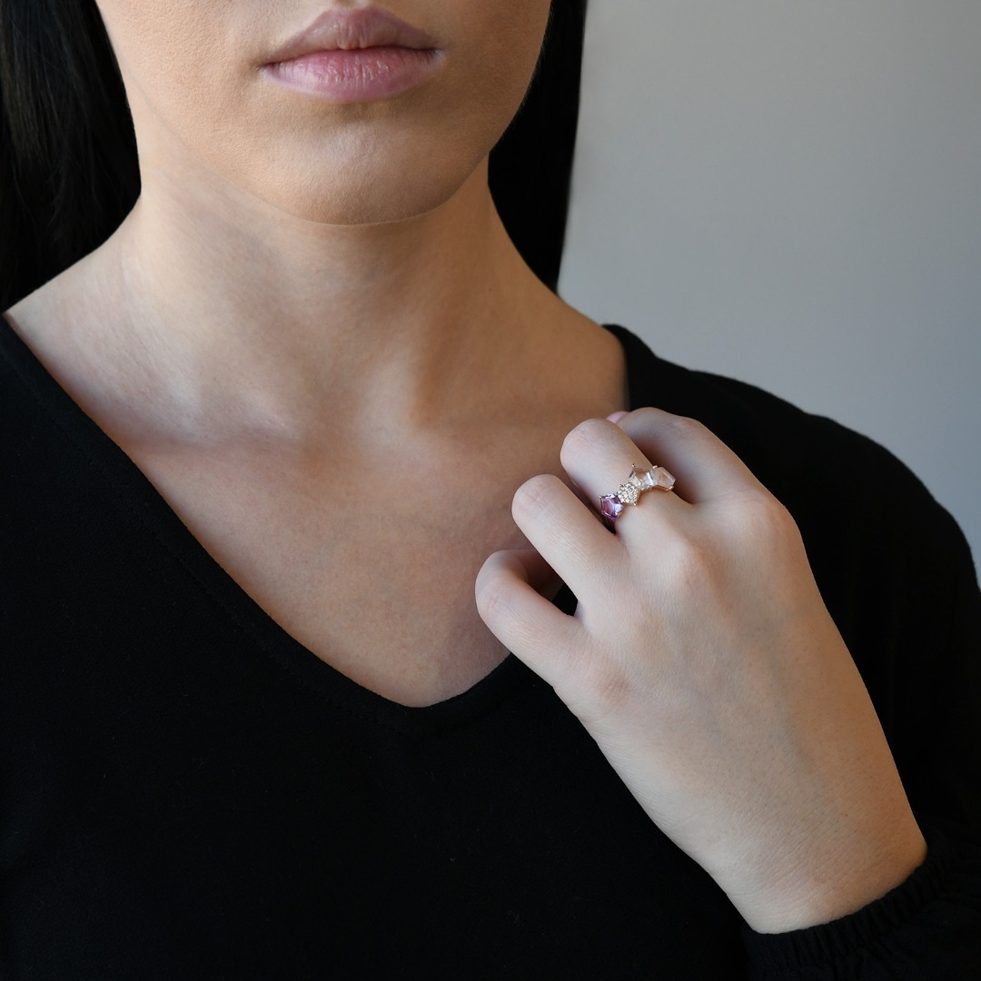 inel din aur roz de 18K cu Ametist, Quartz și Diamante naturale  2