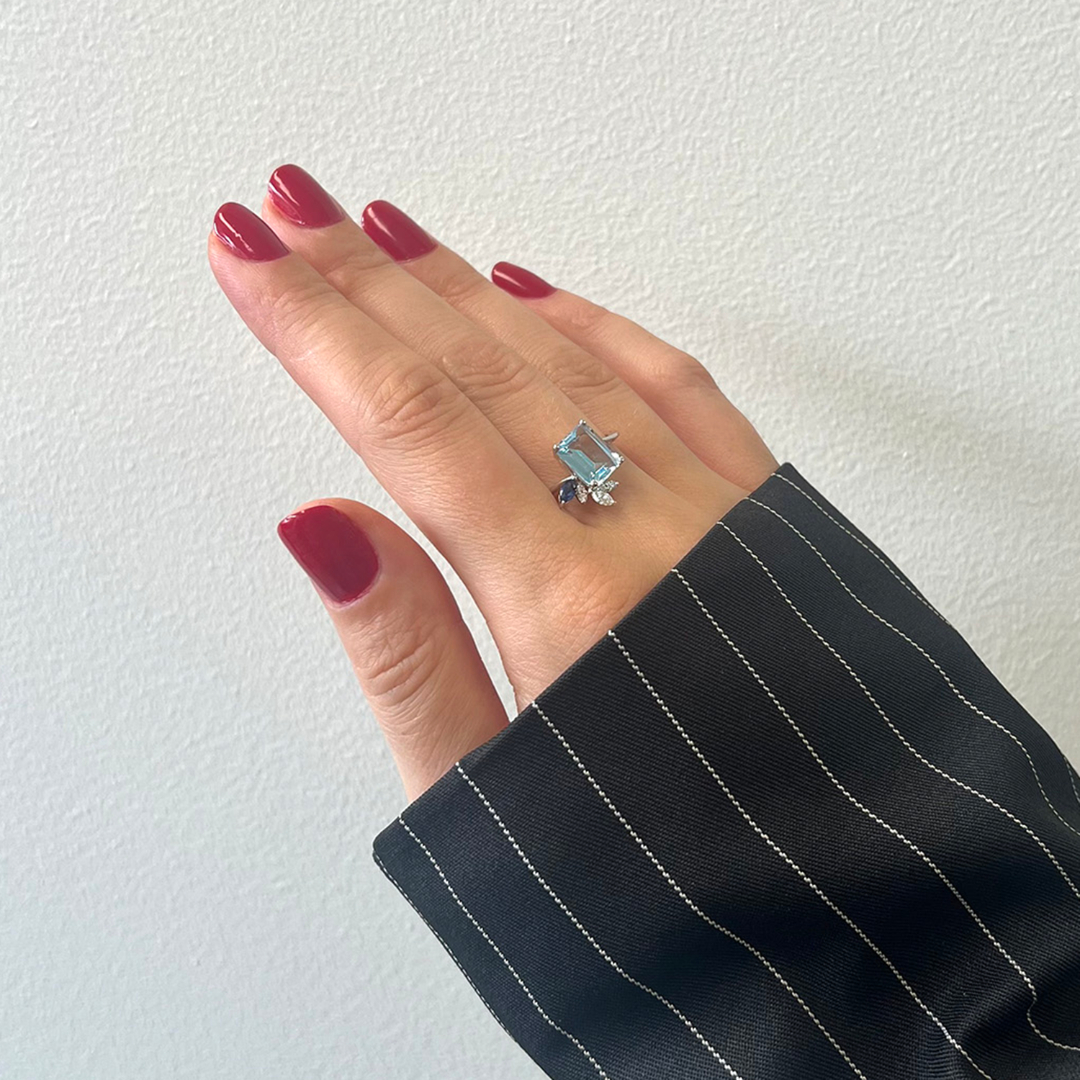 inel din aur alb de 18K cu Topaz, Safir albastru si Diamante naturale  2