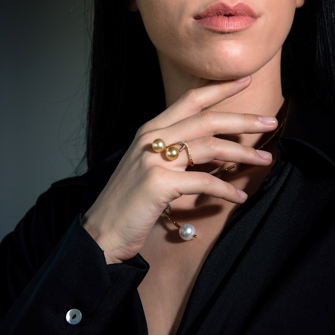 inel din aur galben de 18K cu Perle de apă sărată și Diamante naturale  4