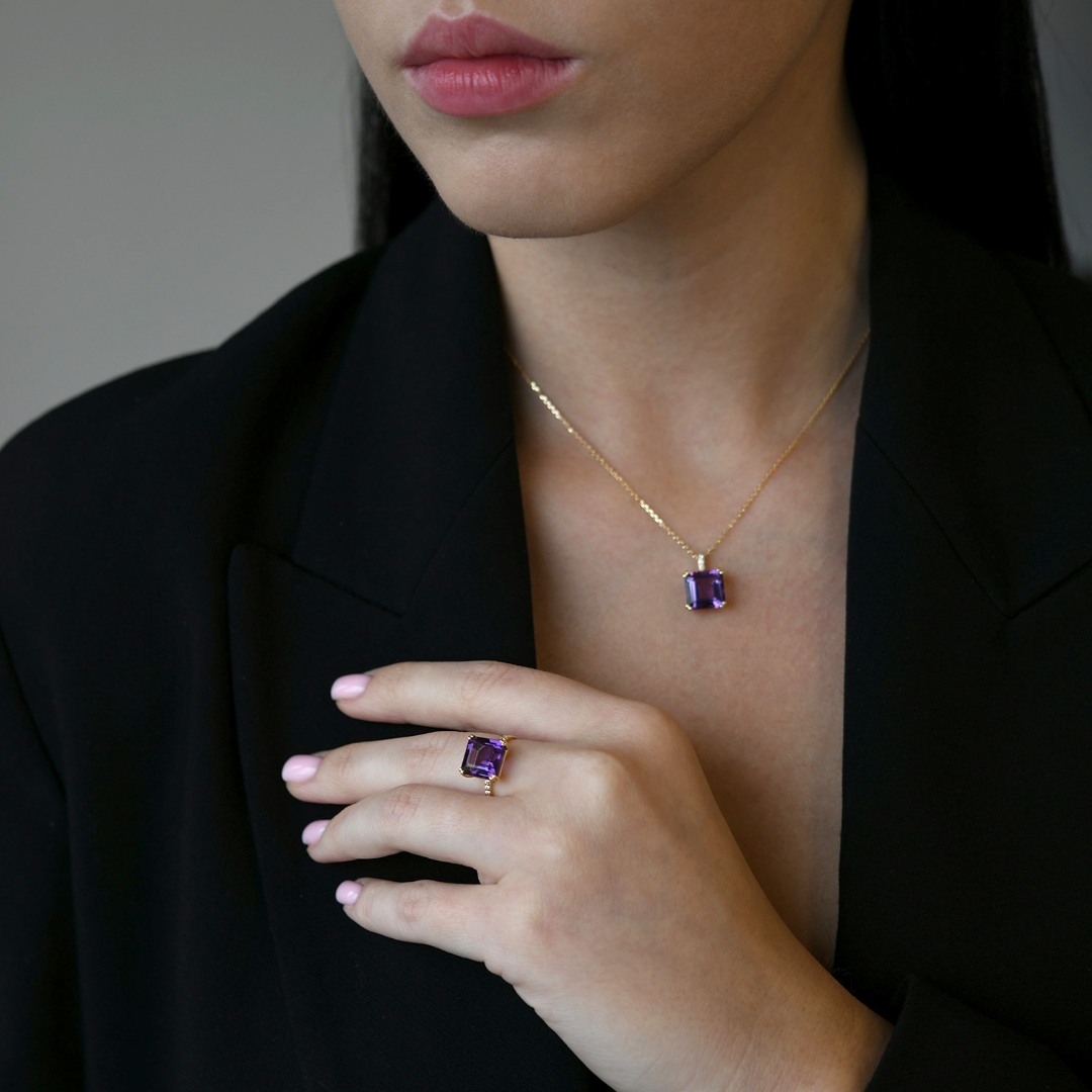 inel din aur galben de 14K cu Ametist și Diamante naturale  2