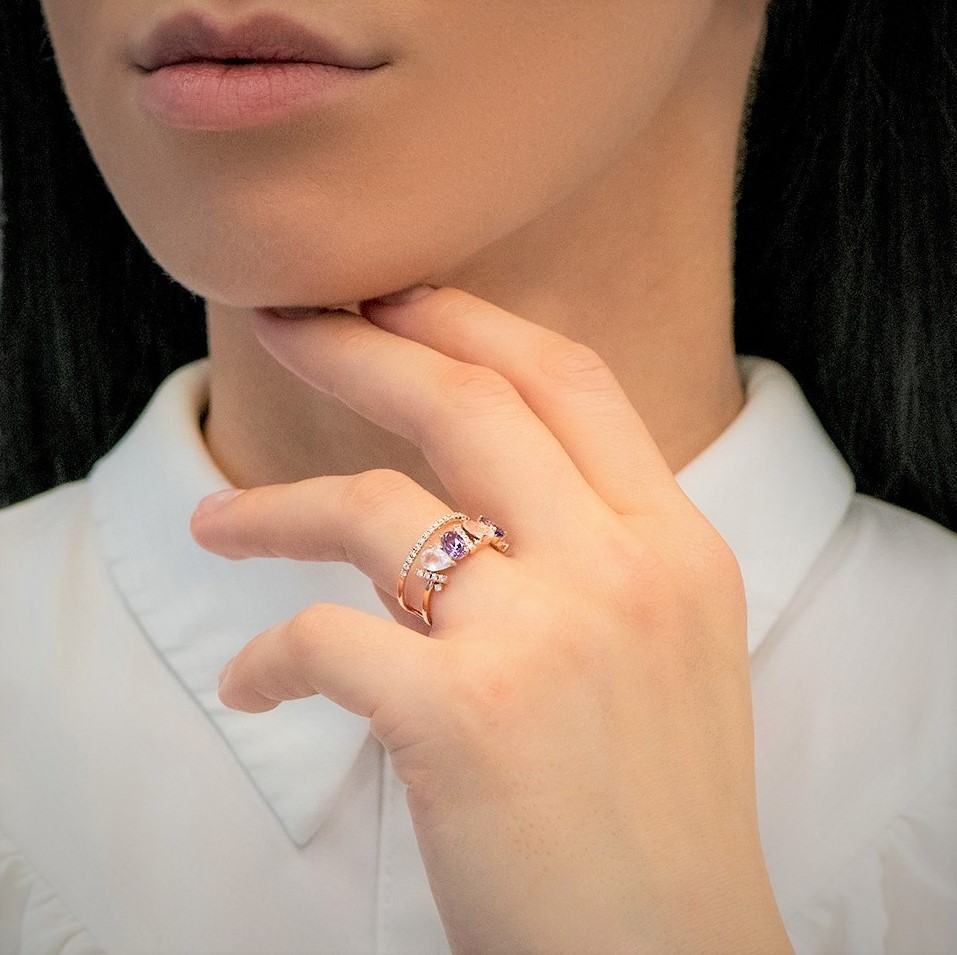 inel din aur roz de 18K cu Ametiste, Pink Quartz și Diamante naturale  2