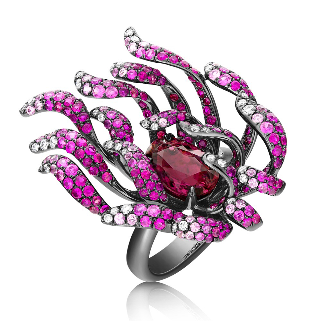 Inel din aur alb de 18K cu Turmalin, Safire și Diamante naturale