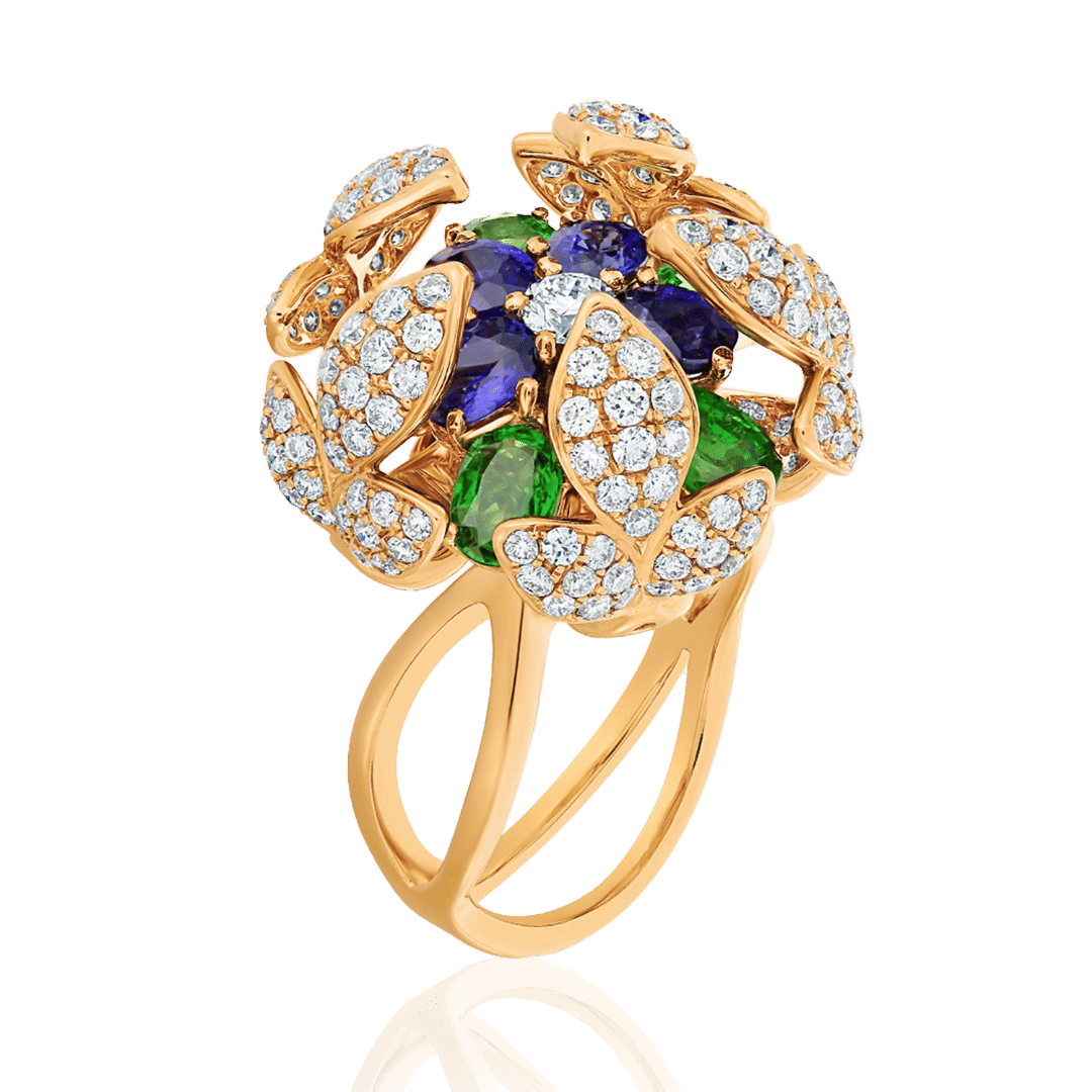 Inel din aur roz de 18K cu Diamante naturale, Safire și Tsavorit