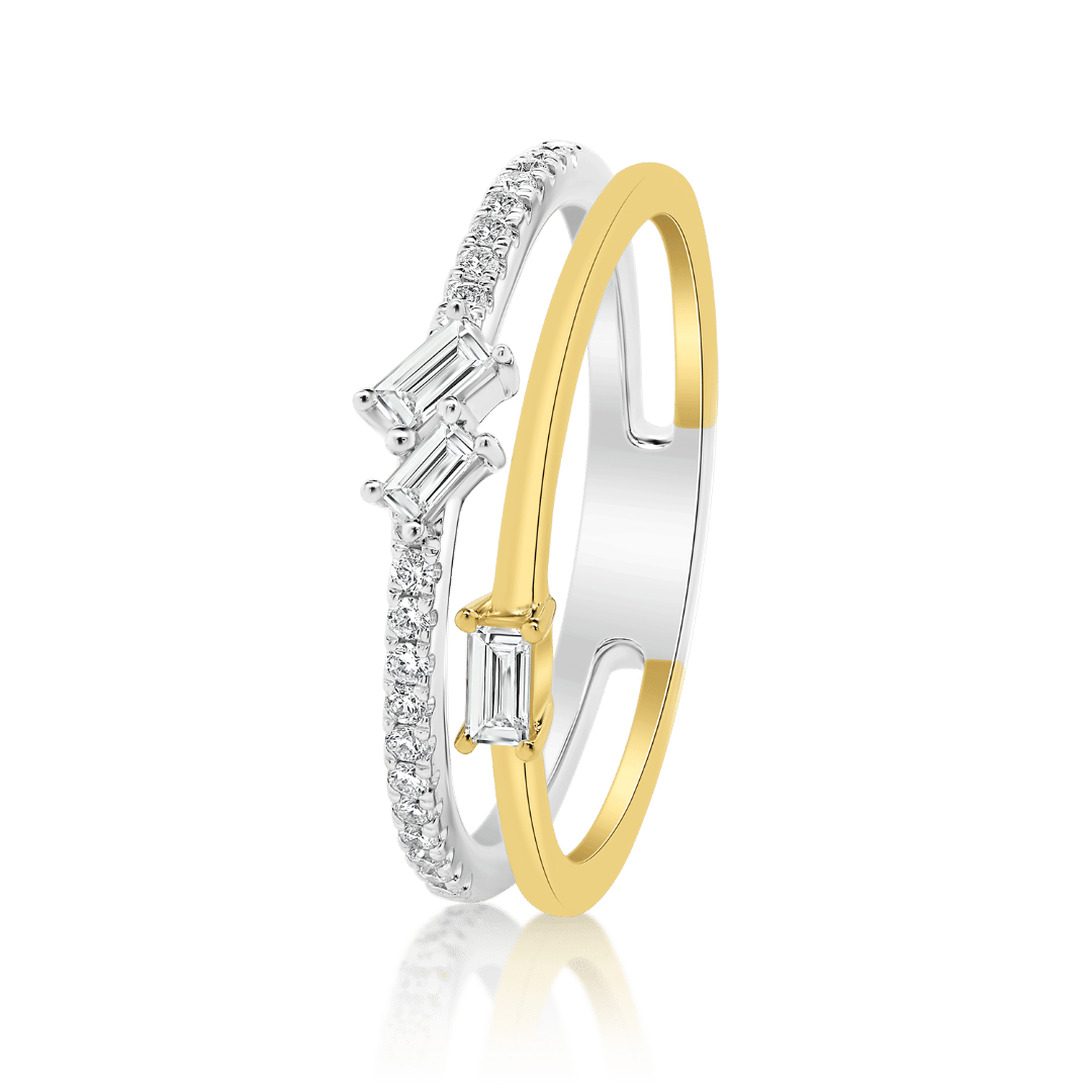 inel dublu din aur alb și galben de 18K încrustat cu Diamante  