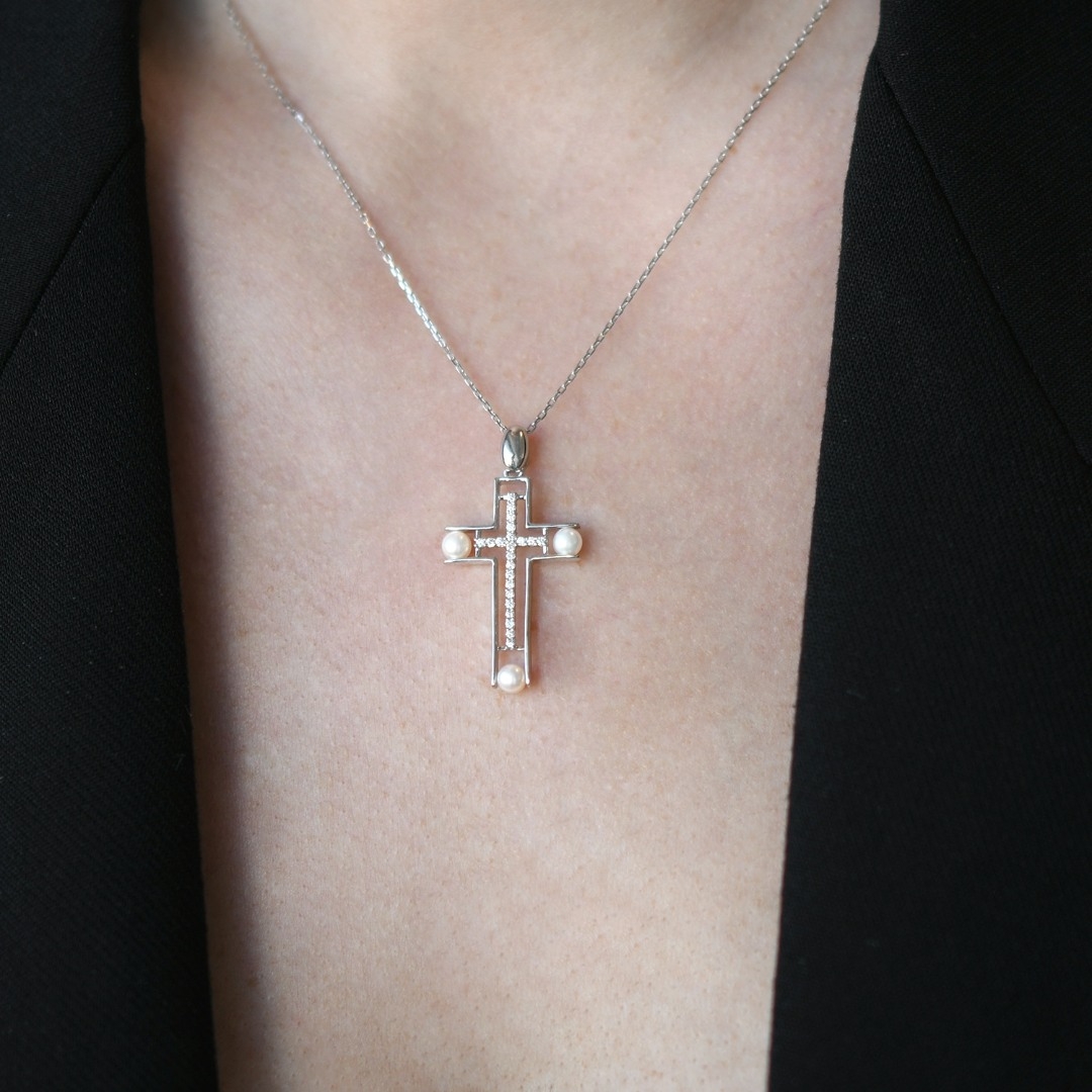 Pandantiv din aur alb de 14K cu Perle și Diamante naturale