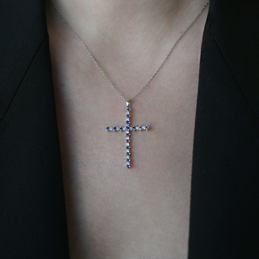 Pandantiv din aur alb de 14K cu Safire și Diamante naturale