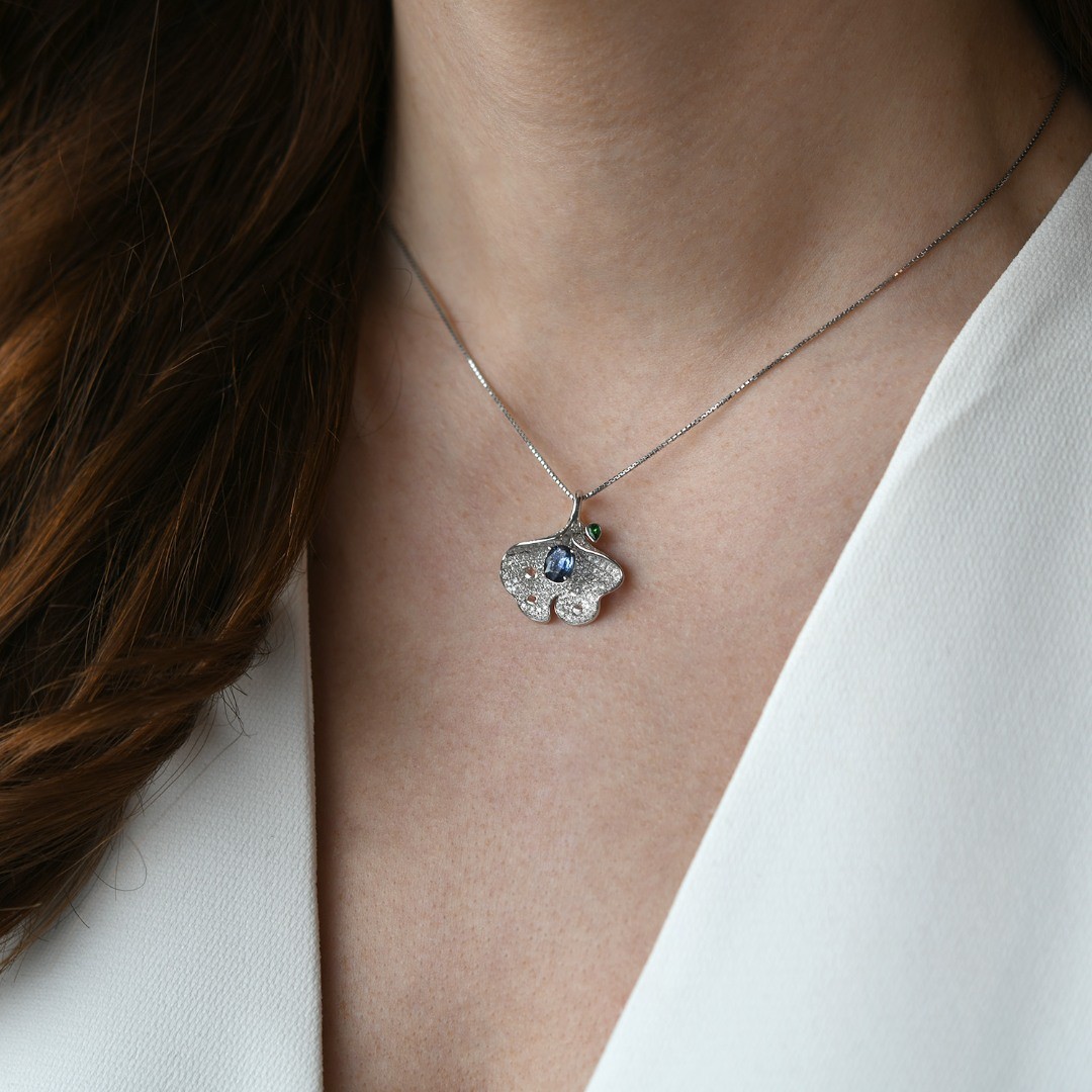 pandantiv din aur alb de 18K cu Turmalin, Safir și Diamante naturale  2