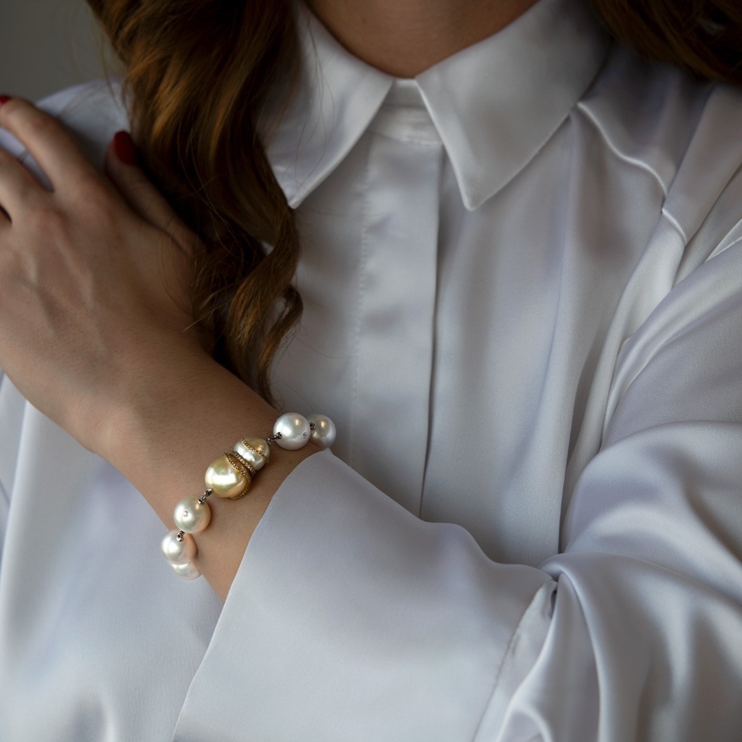 Brățară din aur alb de 18K cu Perle și Diamante naturale
