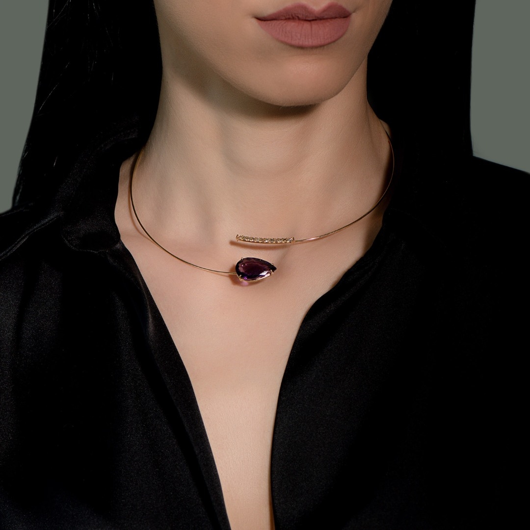colier din aur galben de 18K, cu Ametist și Diamante naturale  1