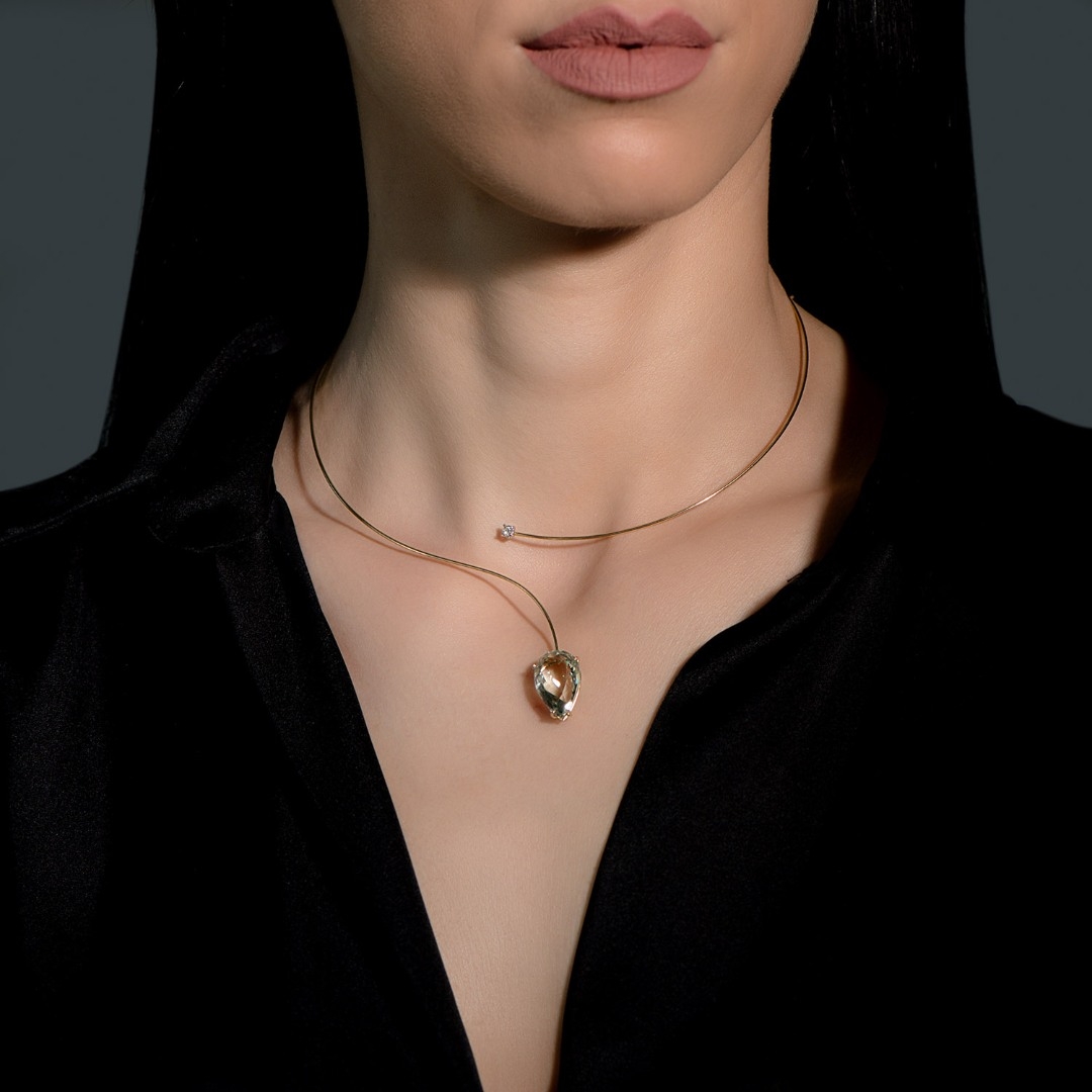 colier din aur galben de 18K, cu Prasiolit și Diamant natural  2