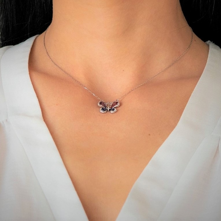 lanț din aur alb de 18K și pandantiv cu Diamante naturale și Safire Fancy  2