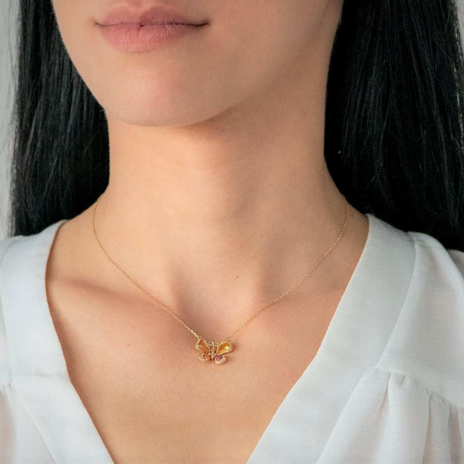 lanț din aur galben și pandantiv cu Diamante și Safire colorate  2