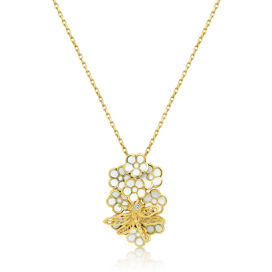 lanț din aur galben de 14K și pandantiv cu Diamant natural și Email alb  