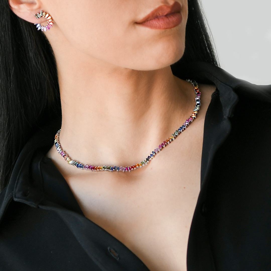 colier din aur alb de 18K cu Safire colorate  3