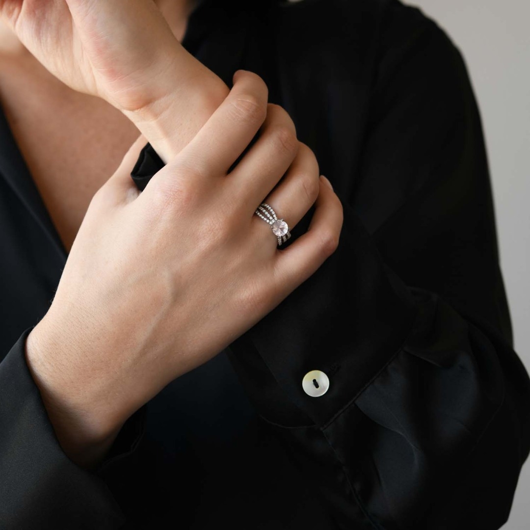 inel din aur alb de 18K cu Pink Quartz și Diamante naturale  2