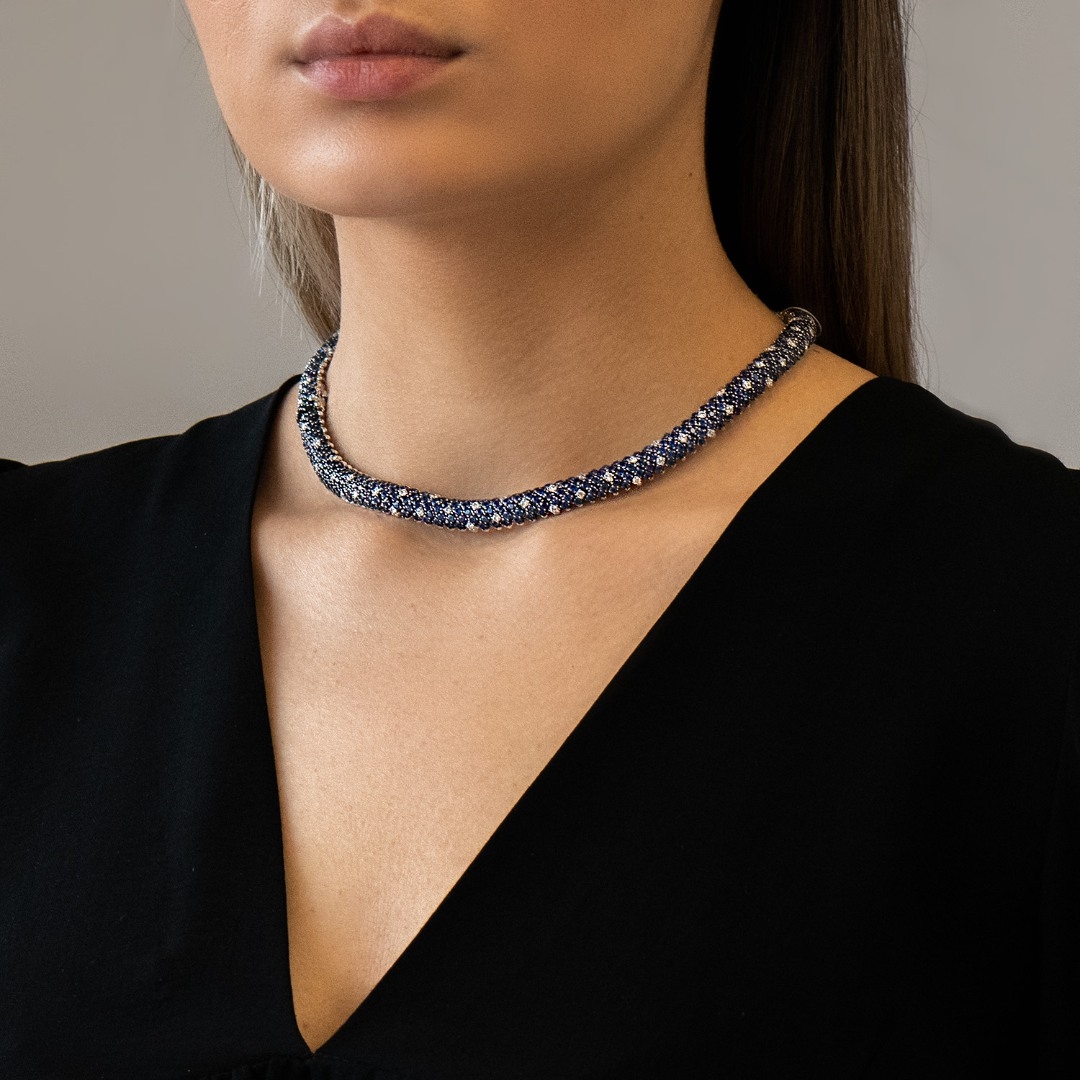 colier din aur alb de 18K cu Safire albastre și Diamante naturale  3