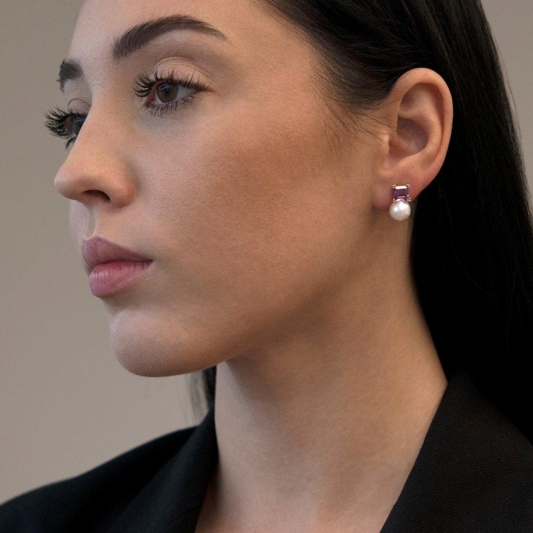 cercei din aur galben de 14K cu Perle și Ametist  2