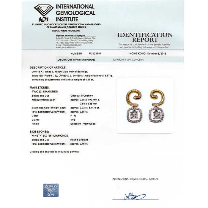 cercei din aur galben de 18K cu Diamante naturale certificate IGI  2