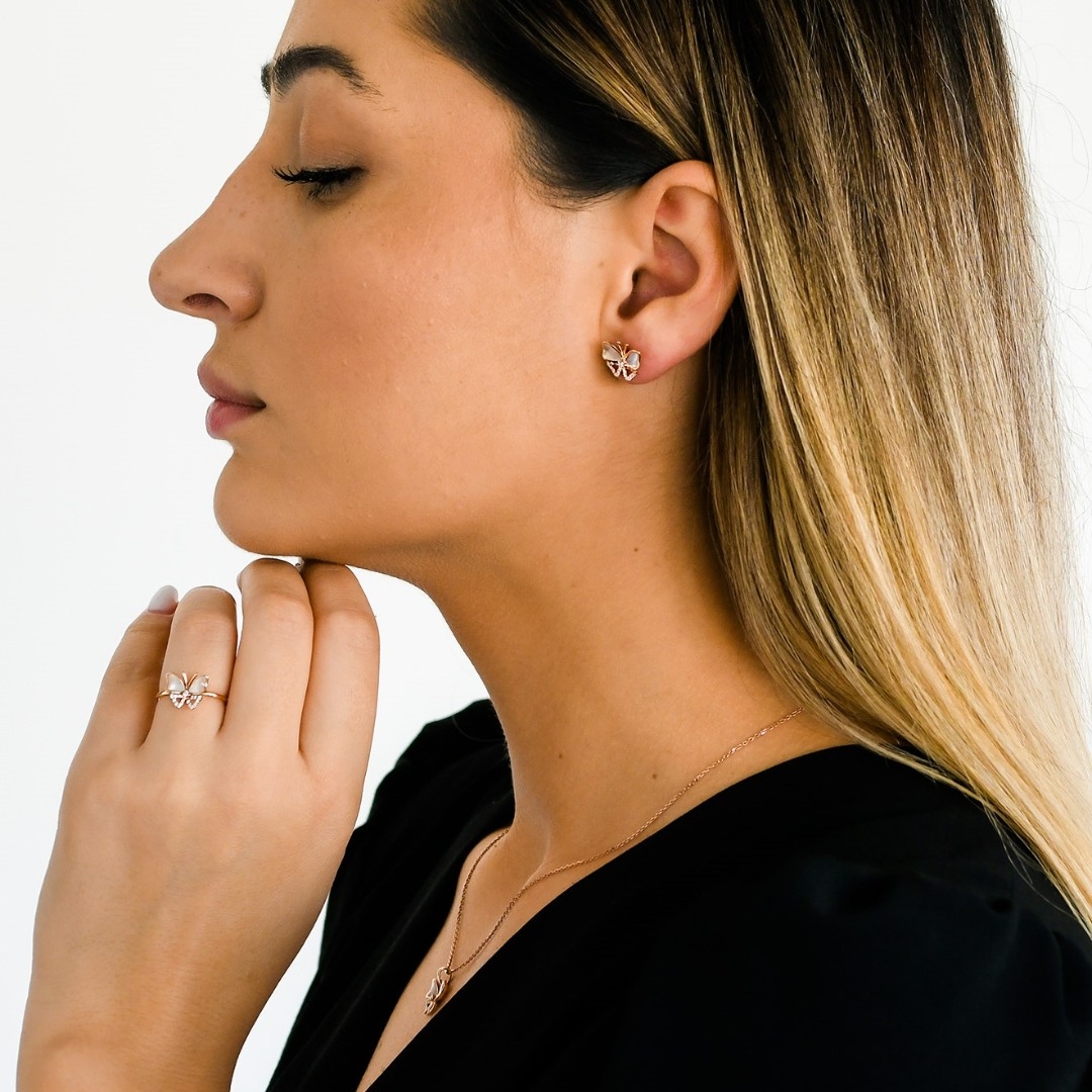 cercei din aur roz de 18K cu Sidef și Diamante naturale  2