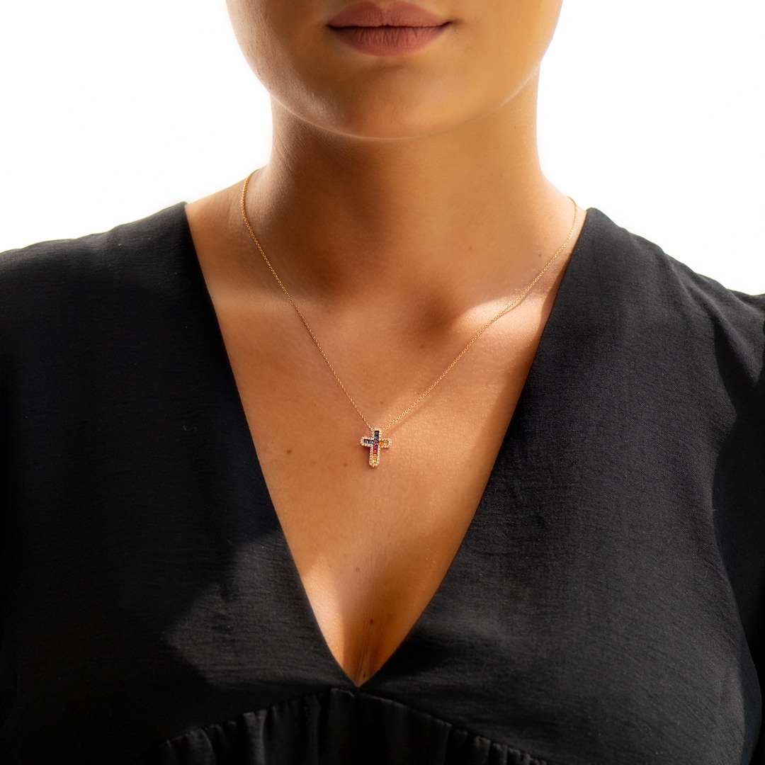 pandantiv din aur roz cu Safire colorate și Diamante naturale  2