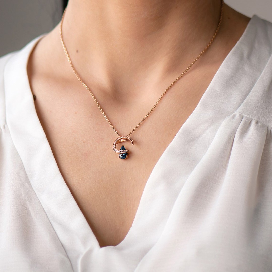 colier din aur roz de 14K cu piatră London Blue Topaz  2