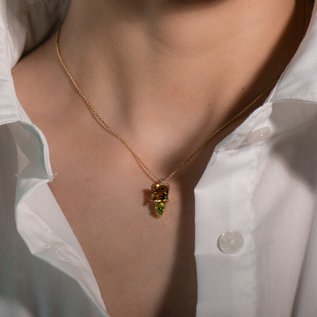 lanț din aur galben de 14K și pandantiv cu Peridot şi Citrin  2